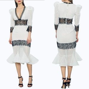 NWT Bronx and Banco Dress Elizabeth Lace Puff Sleeve White Midi Dress Black